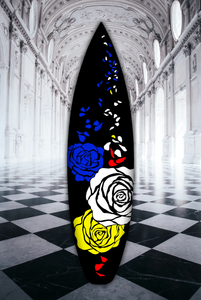 "Surfboard Pop Art: Floral Collection "Roses I" by Carolyn Johnson, Mixed Media on recycled Surfboard