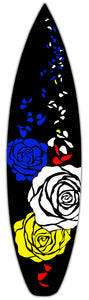 "Surfboard Pop Art: Floral Collection "Roses I" by Carolyn Johnson, Mixed Media on recycled Surfboard