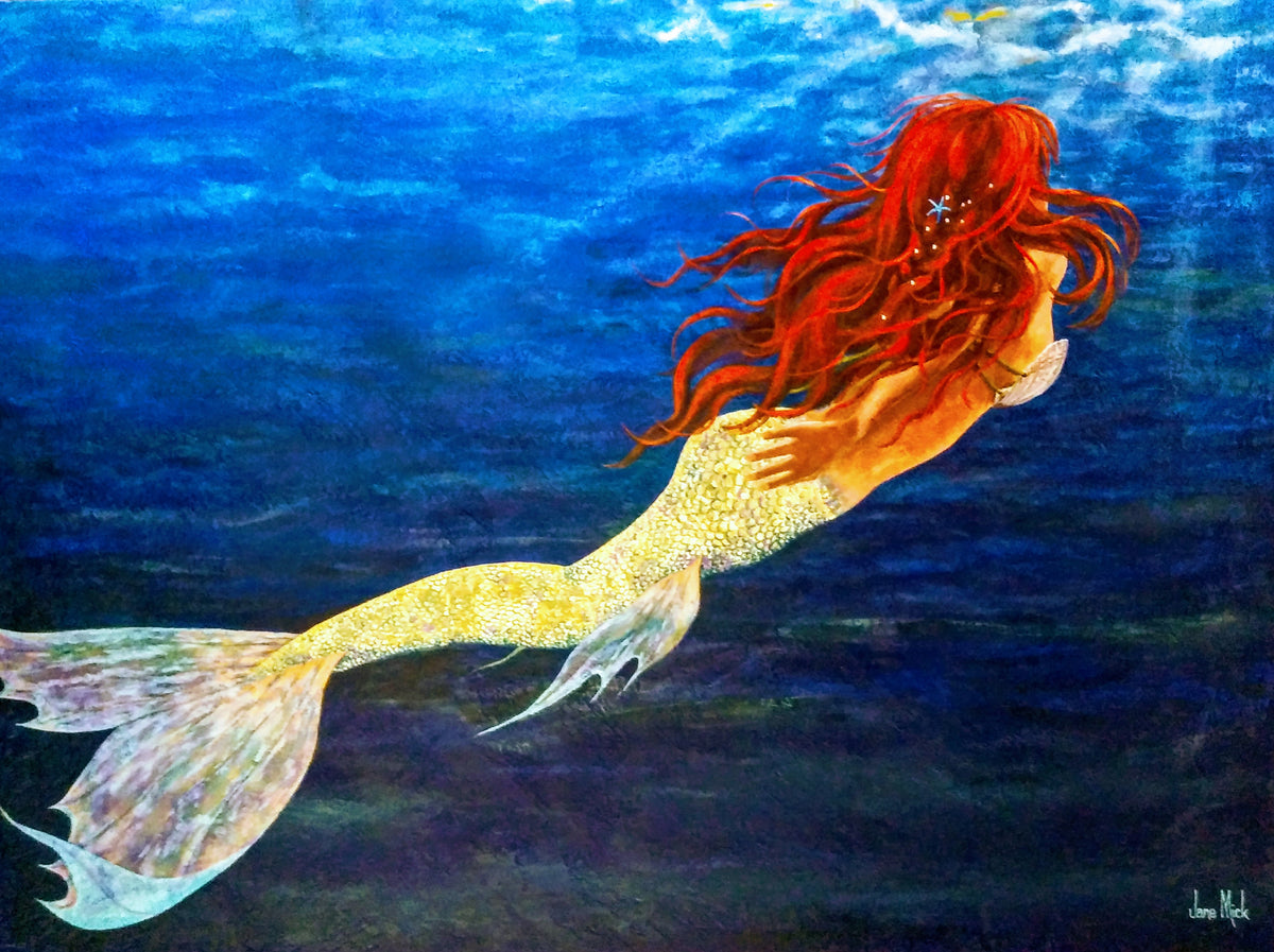 Modern Mermaid painting, contemporary original art work, part of the little mermaid exhibition, one of a kind, mixed media, Becoming, good teal