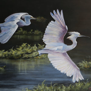 "Snowy White Egrets in Flight" by Peggy Bosh, Oils on Canvas