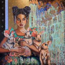 Artistic depiction of a woman holding rabbits with a decorative background