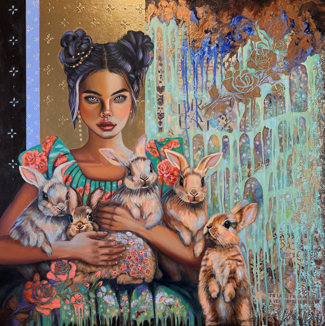 Artistic depiction of a woman holding rabbits with a decorative background