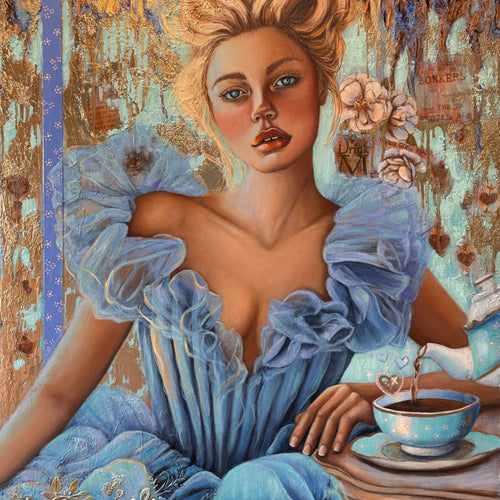 Artistic depiction of a woman in a blue dress with a cup of coffee, surrounded by decorative elements.
