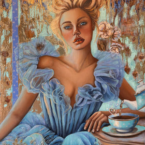 Artistic depiction of a woman in a blue dress with a cup of coffee, surrounded by decorative elements.