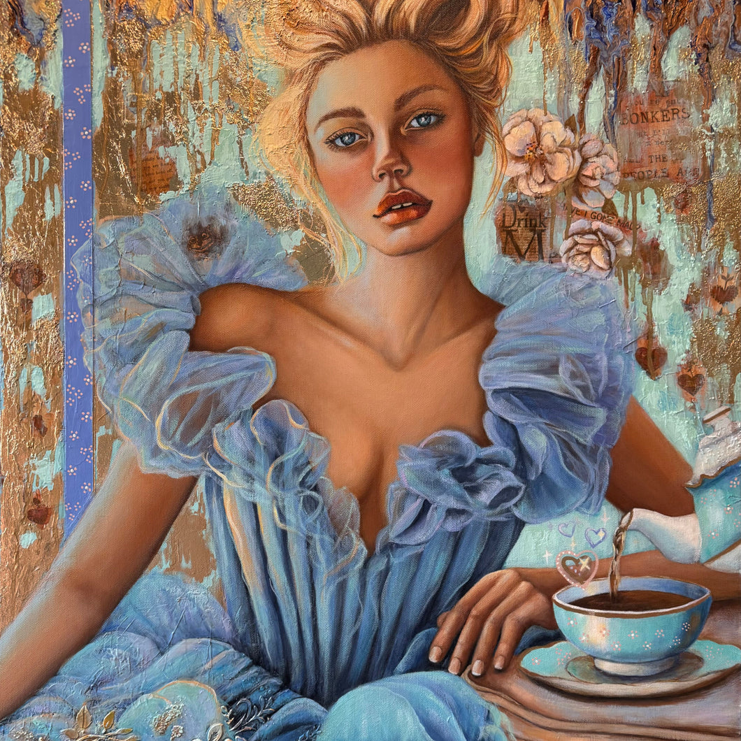 Artistic depiction of a woman in a blue dress with a cup of coffee, surrounded by decorative elements.