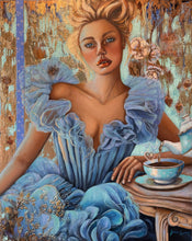 Artistic depiction of a woman in a blue dress with a cup of coffee on a table.
