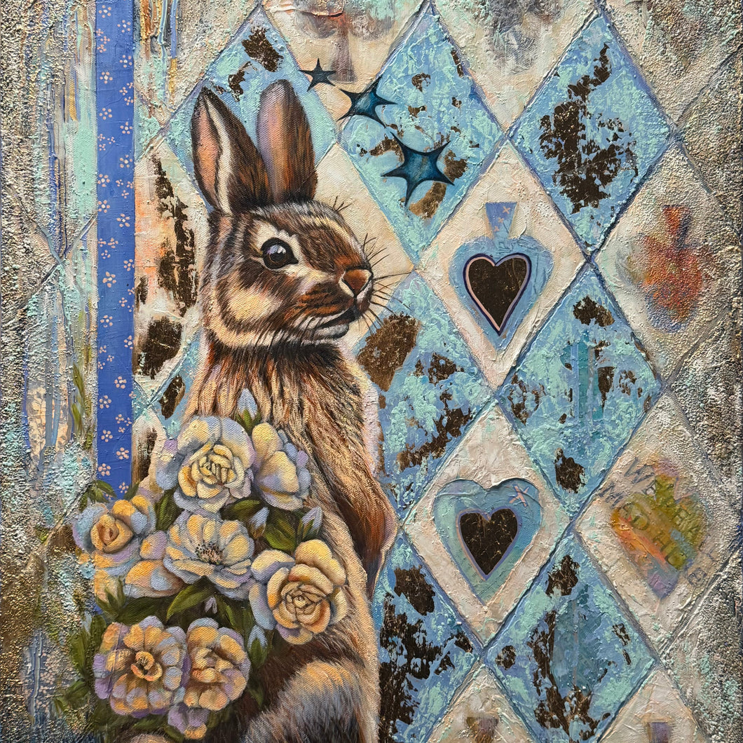 Artistic depiction of a rabbit surrounded by flowers and hearts on a textured background