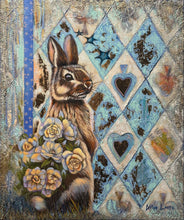 Artistic depiction of a rabbit surrounded by flowers and hearts on a textured background