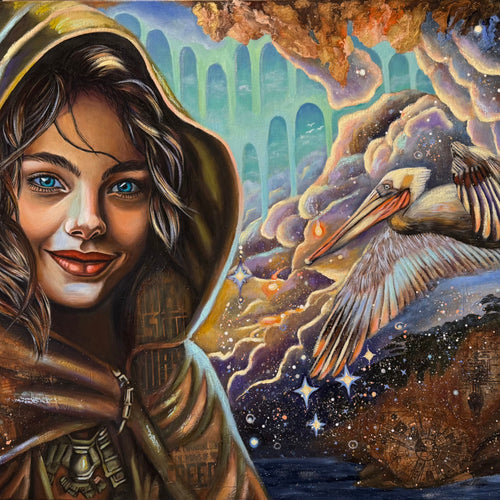 Artistic depiction of a hooded figure with a bird and architectural elements in the background