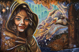 Artistic depiction of a hooded figure with a bird and architectural elements in the background