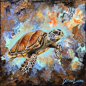 Artistic depiction of a turtle on a textured background with abstract elements