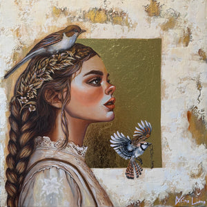 Artistic depiction of a woman with birds perched on her head and shoulders against a textured background.