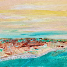 Painting of a coastal landscape with cliffs and ocean.