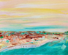 Painting of a coastal landscape with cliffs and ocean.