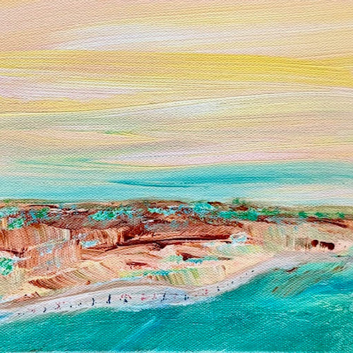 Painting of a coastal landscape with cliffs and ocean.