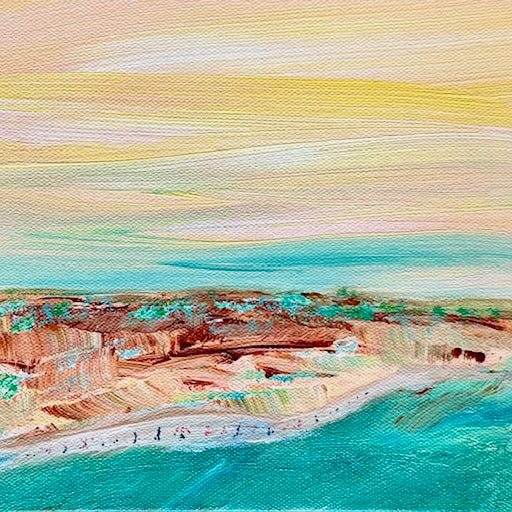 Painting of a coastal landscape with cliffs and ocean.