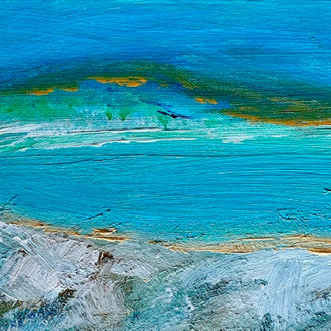 Abstract painting of a landscape with blue, green, and white hues