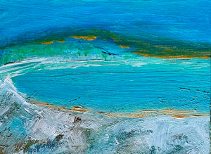 Abstract painting of a landscape with blue, green, and white hues