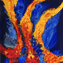 Abstract artwork with swirling orange, blue, and red patterns