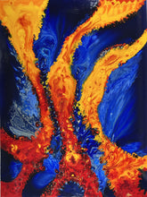 Abstract artwork with swirling orange, blue, and red patterns