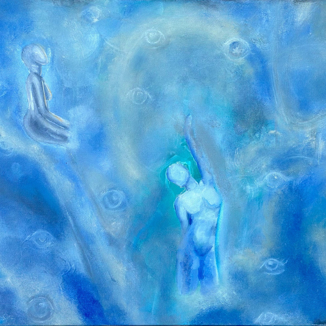 Abstract painting with blue tones and human figures.
