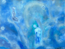 Abstract painting with blue tones and human figures.
