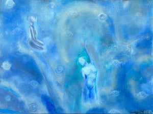 Abstract painting with blue tones and human figures.