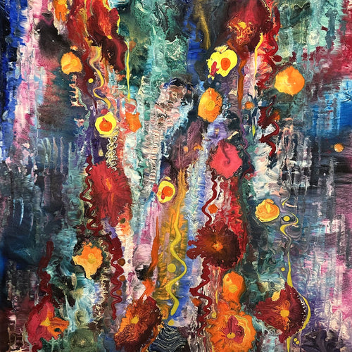 Abstract painting with vibrant colors and dynamic shapes