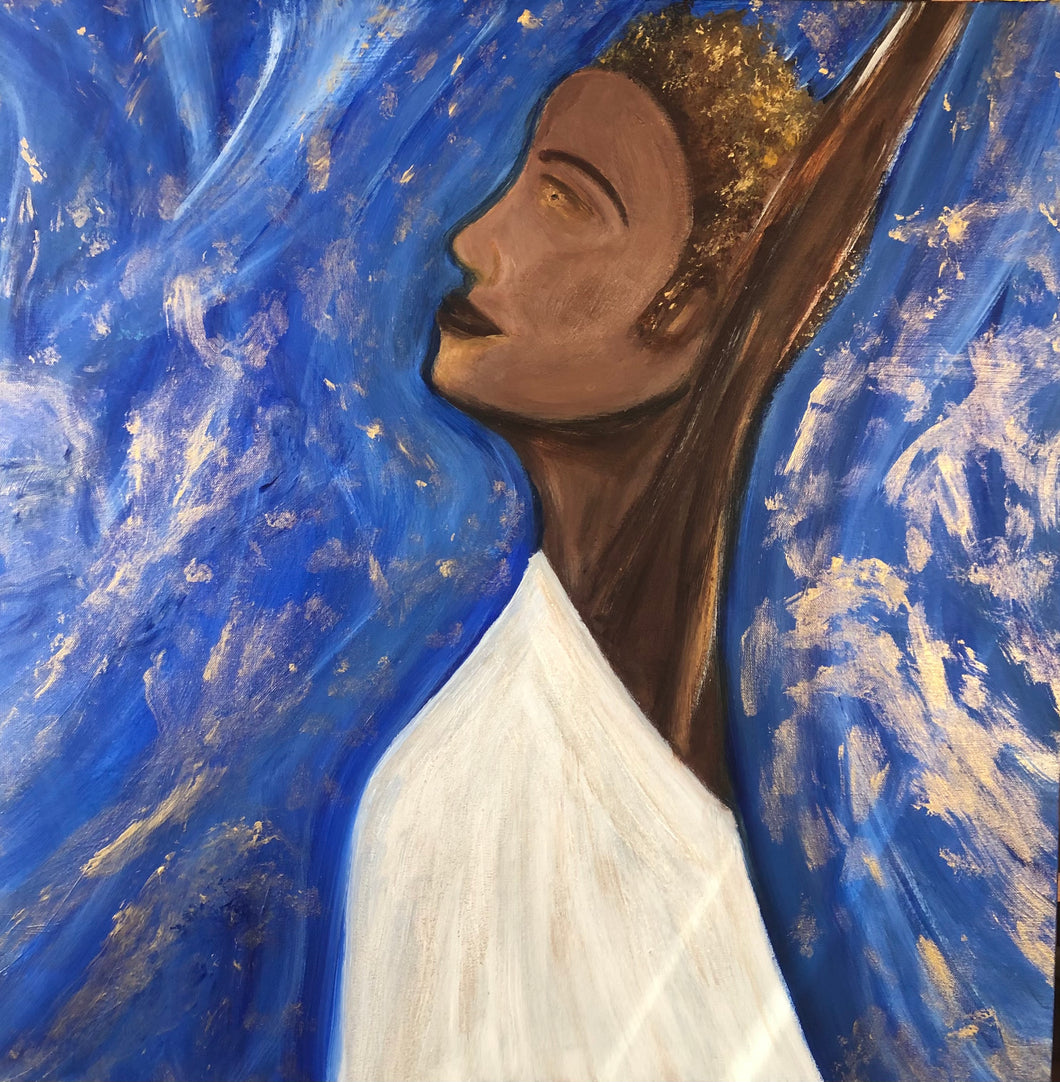 Artistic depiction of a person with a blue and gold abstract background