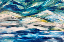 Abstract painting with wavy blue, green, and white brushstrokes