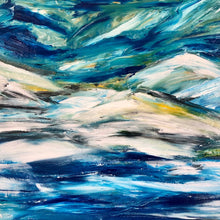 Abstract painting with wavy blue, green, and white brush strokes