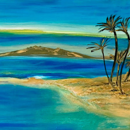 Painting of a beach scene with palm trees and a distant island.