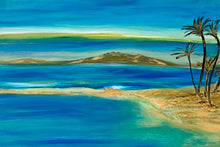 Painting of a beach scene with palm trees and a distant island.