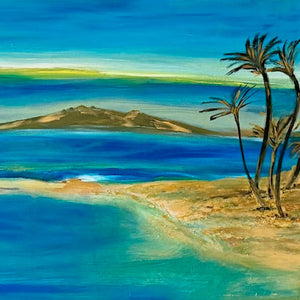 Painting of a beach scene with palm trees and a distant island.