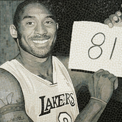 Mosaic artwork of a basketball player holding a sign with the number 81, wearing a Lakers jersey.