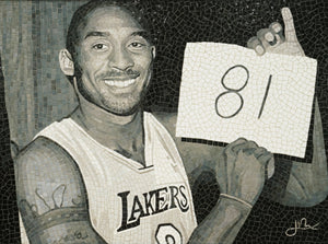 Mosaic artwork of a basketball player holding a sign with the number 81, wearing a Lakers jersey.