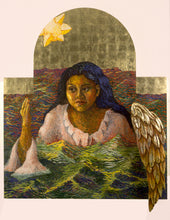 Artistic depiction of a woman with wings in a landscape with a star and arch.