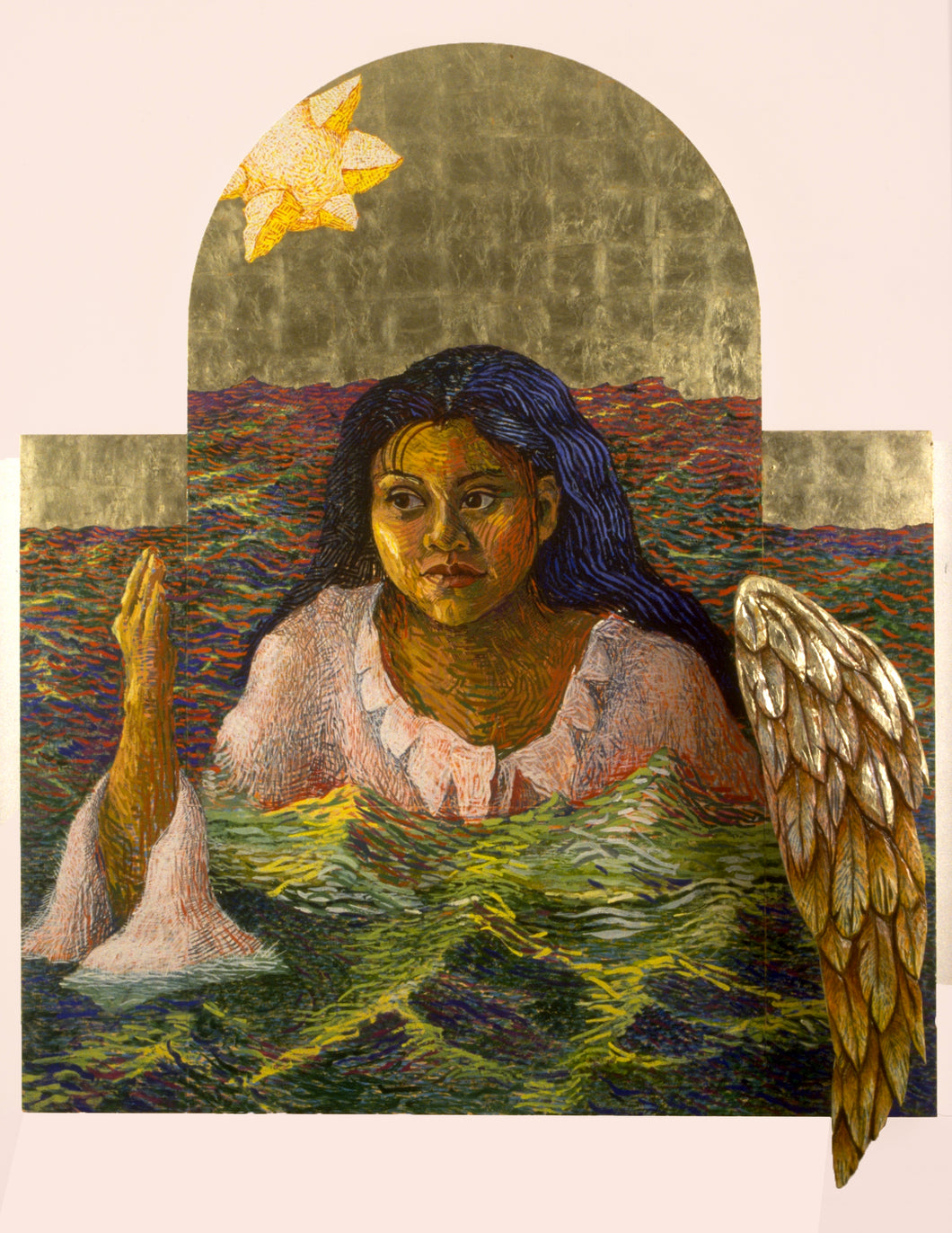 Artistic depiction of a woman with wings in a landscape with a star and arch.
