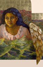 Artistic depiction of a woman with angel wings in a body of water