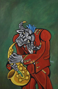 "Buffalo Bull and His Golden Saxophone" by Nagui Achamallah, Acrylic on Canvas