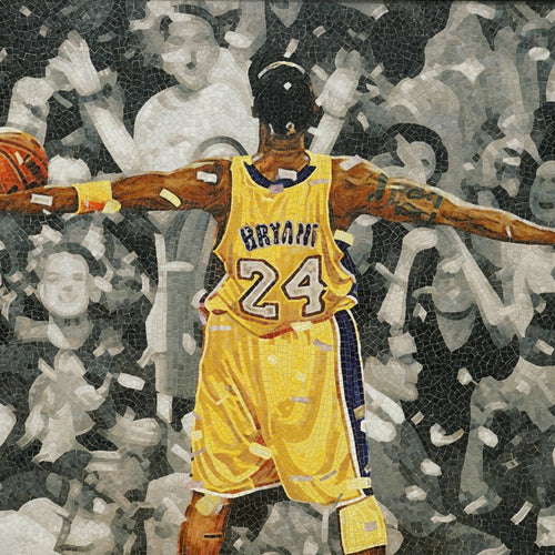 Artistic depiction of a basketball player in a yellow jersey with 'Bryant' and number '24', surrounded by a crowd.