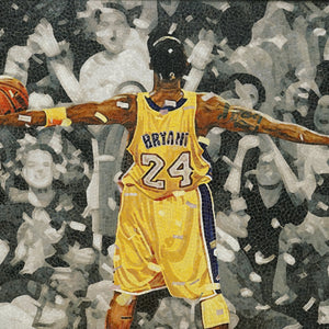 Artistic depiction of a basketball player in a yellow jersey with 'Bryant' and number '24', surrounded by a crowd.