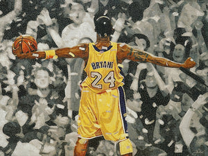 Artistic depiction of a basketball player in a yellow jersey with 'Bryant' and number '24', surrounded by a crowd.