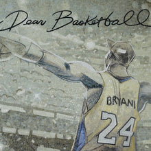 Artistic depiction of a basketball player in a jersey with the number 24, signed 'Dear Basketball'.