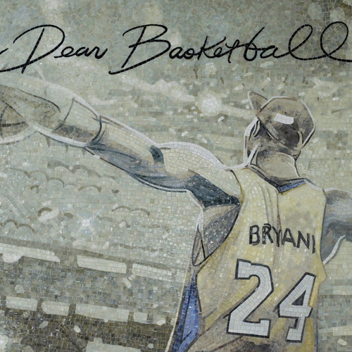 Artistic depiction of a basketball player in a jersey with the number 24, signed 'Dear Basketball'.