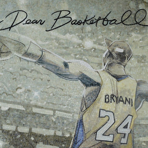 Artistic depiction of a basketball player in a jersey with the number 24, signed 'Dear Basketball'.