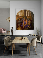 Dining room with a wooden table and chairs, featuring a large painting of a woman in a forest on the wall.