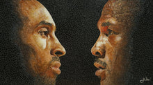 Mosaic artwork of two faces on a black background