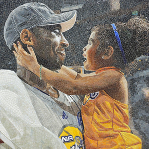 Mosaic artwork of a man and a child with sports-themed clothing and logos.