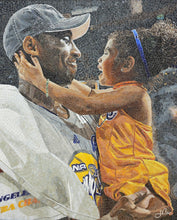 Mosaic artwork of a man and a child with sports-themed clothing and logos.